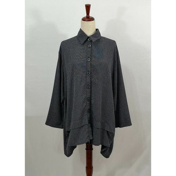 DRESS TO KILL Jane Mohr OS Navy Checkerboard Asymmetric Shirt Top Tunic - Picture 1 of 10